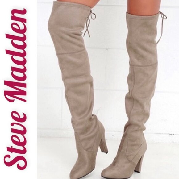 STEVE MADDEN “Gorgeous” Taupe Gray Over-The-Knee Faux Vegan Suede Boots, Sz 8.5 - Picture 7 of 12